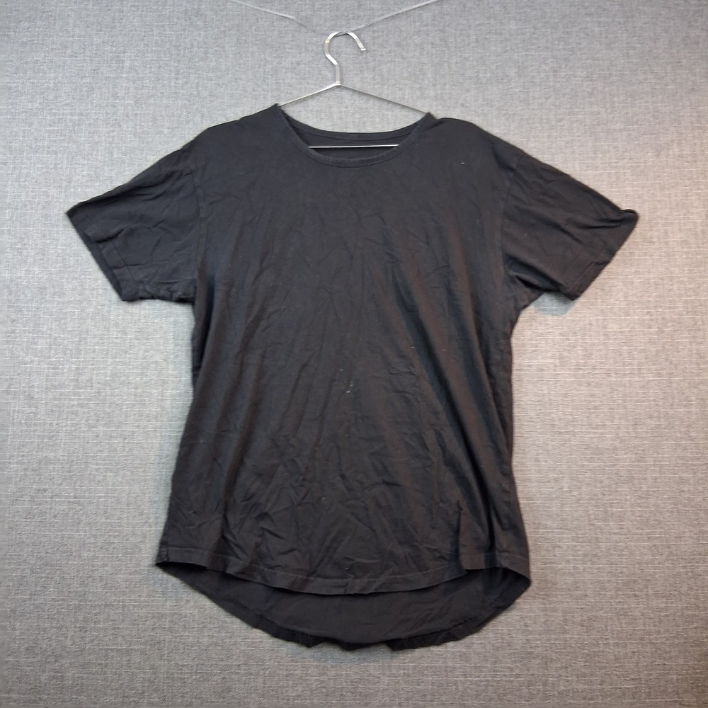 Mens Solid Black Short Sleeve Curved Hem Crew Neck T-Shirt Basic Tee‎